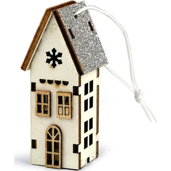 Vánoční dekorace Stoklasa Dřevěný domeček s glitry k zavěšení 3,3 x 7,5 x 3 cm přírodní