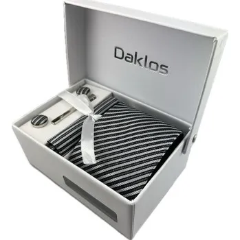 Kravata Luxusní set stříbrné a černé proužky - Kravata, kapesníček do saka, manžetové knoflíčky, kravatová spona v dárkovém balení