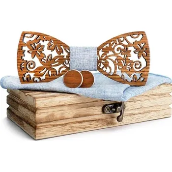 Motýlek Set dřevěného motýlku, kapesníčku a manžetových knoflíčků - Květ tmavý, světlý denim