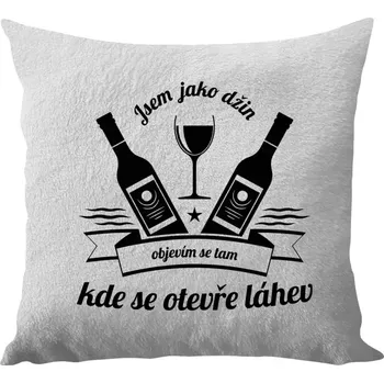 Polštář Polštář bílý 40x40 cm - dlouhý chlup Jsem jako džin, objevím se tam, kde se otevře lahev