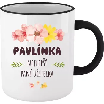 Hrnek 330 ml - barevný lem a ucho Nejlepší paní učitelka - růžové květy
