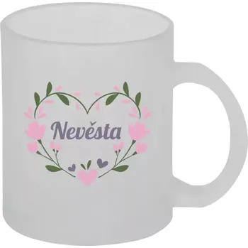 Hrnek 330 ml - skleněný matný Nevěsta - srdce s lístečky