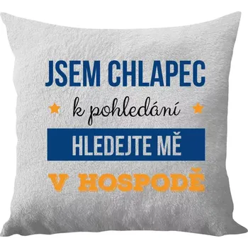 Polštář Polštář bílý 40x40 cm - dlouhý chlup Jsem chlapec k pohledání, hledejte mě v hospodě