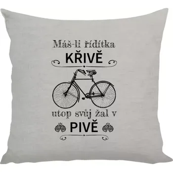 Polštář Polštář lněný 40x40 cm Máš-li řídítka křivě, utop svůj žal v pivě