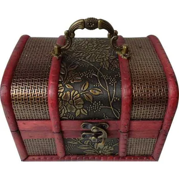 Dárková krabička Střední dřevěná truhlička třídílná z tmavě červeného dřeva se zlatými kvítky IIJ