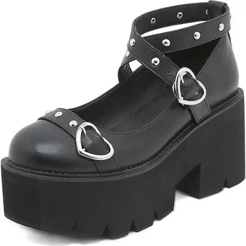 Dámské lodičky Punk lodičky na platformě s pásky a kovovými srdíčky Barva: Černá, Velikost: 38