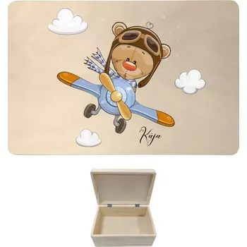 Úložný box Dřevěný box s víkem Medvídek v letadle