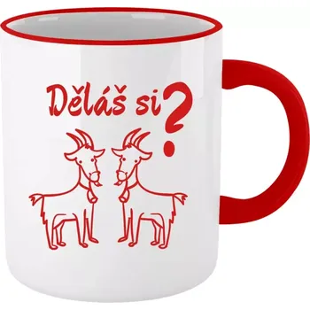 Hrnek pro milovníky drzých hlášek - Děláš si kozy? - červený lem a ucho 330 ml