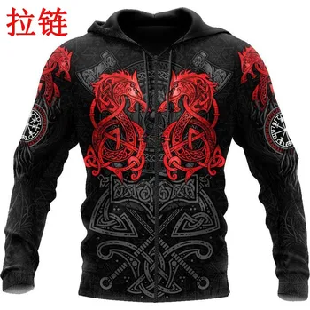 Pánská mikina Mikina na zip s originálním potiskem viking vlk Velikost: 7XL, Barva (Varianta): mikina na zip s kapucí