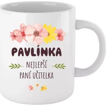Hrnek 330 ml - bílý Nejlepší paní učitelka - růžové květy