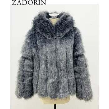 Dámská bunda Zimní kožich plyšová bunda s kapucí Barva: Stříbrná, Velikost: S