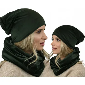 Čepice Fashionweek Dámský set čepice a šály sametový PREMIUM ZIZI-BV Barva: Khaki