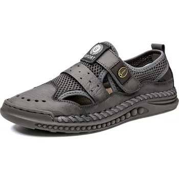 Pánské mokasíny Kožené letní boty prodyšné s pásky Barva: Šedá, Velikost: 41