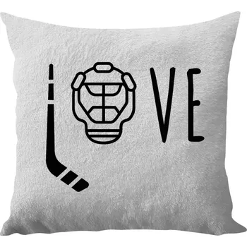 Polštář Polštář bílý 40x40 cm - dlouhý chlup LOVE s hokejkou a helmou