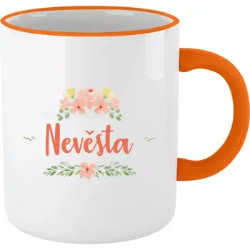 Hrnek 330 ml - barevný lem a ucho Nevěsta - oranžové květiny