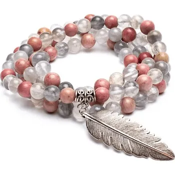 Náhrdelník Milujeme Kameny Rodonit, šedý křemen s přívěskem pírka - mála 189651