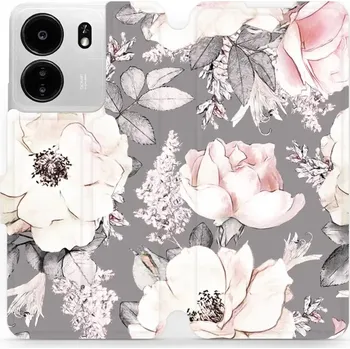 Pouzdro na mobilní telefon Flipové pouzdro Mobiwear - Xiaomi Poco C65 - MX06S Květy na šedém pozadí (Knížkové flip pouzdro, obal, kryt na mobil Xiaomi Poco C65 - MX06S Květy na šedém pozadí, materiál Umělá kůže + TPU - ochrana 360°, stojánek, silikonová vanička, magnetické zavírání