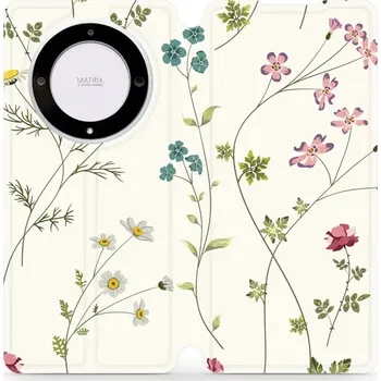 Pouzdro na mobilní telefon Flipové pouzdro Mobiwear - Honor Magic5 Lite 5G - MD03S Tenké rostlinky s květy (Knížkové flip pouzdro, obal, kryt na mobil Honor Magic5 Lite 5G - MD03S Tenké rostlinky s květy, materiál Umělá kůže + TPU - ochrana 360°, stojánek, silikonová vanička,)