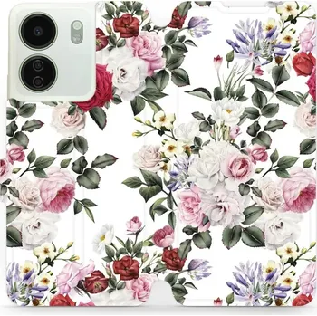 Pouzdro na mobilní telefon Flipové pouzdro Mobiwear - Xiaomi Redmi 13C - MD01S Růže na bílé (Knížkové flip pouzdro, obal, kryt na mobil Xiaomi Redmi 13C - MD01S Růže na bílé, materiál Umělá kůže + TPU - ochrana 360°, stojánek, silikonová vanička, magnetické zavírání)