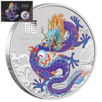 Lunární série III. - stříbrná mince Year of the Dragon - Purple Dragon (Rok draka) 1 Oz 2024 Color karta