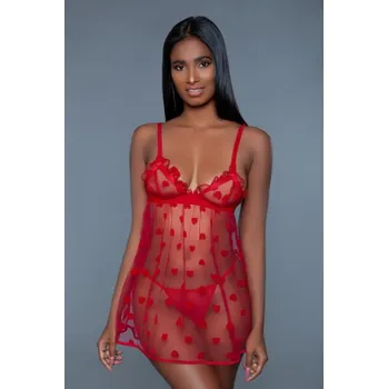 Dámská noční košile Valentine Sheer Babydoll Set - Red, Large, červená, Be Wicked