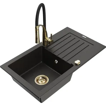 Granitový dřez MEXEN/S - Pablo granitový dřez 1 s odkapávačem včetně baterie Aster, černá/zlatá metalik 6510-75-73450-57-G