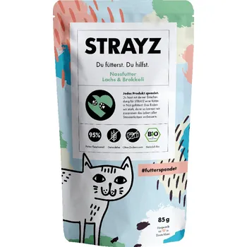 Krmivo pro kočku 12x 85g STRAYZ BIO Pouch bio losos a bio brokolice mokré krmivo pro kočky