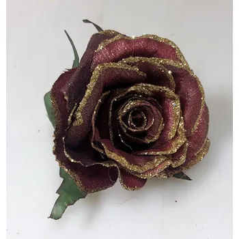 umělá květina Květ růže 9 cm, bordó - zlatý okraj