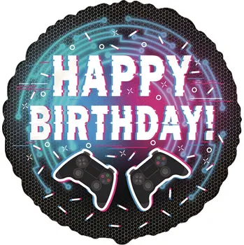 Balónek Flexmetal Balonek fóliový Happy Birthday herní ovladače černý, 45 cm