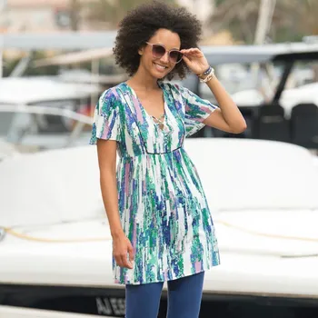 Dámské tričko Tunika s výstřihem do V a šněrováním bílá/indigo 36