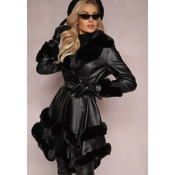 Černý kabátek na míru s imitací kůže a kožešinou