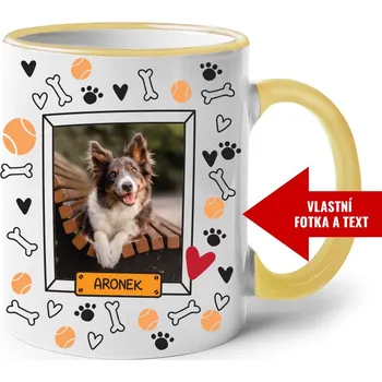 Hrnek s vlastní fotkou pejska a jménem 3, Barva Žlutá, Velikost 330 ml, Canvas Keramický hrnek s barevným uchem Bezvatriko.cz 2333