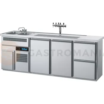 Chladící barový stůl 2500x700x980 mm, 2 zásuvky, 2dvéřový, dřez na levé straně | RILLING, AGT M732L 81-1/1/2