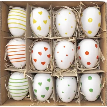 Velikonoční dekorace Vejce plastová, 12 kusů, oranžové, žluté, zelené zdobení