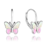 MINET Třpytivé stříbrné náušnice MOTÝLCI s růžovým opálem