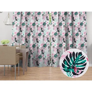 ubrus Bavlněný závěs Sandra SA-413 Růžové a zelené tropické listy na bílém 150x140 cm