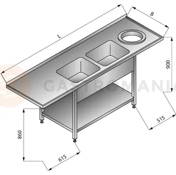 Nerezový dřez Stůl s dvoukomorovým dřezem a otvorem na odpadky a policí, vpravo, 2300x700x900 mm | LOZAMET, LO355/P