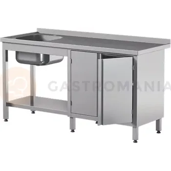 Nerezový dřez Přístěnný nerezový stůl s poličkou, dřezem a skříňkou, s křídlovými dvířky 1400x700x850 mm | ASBER, STW-147/1-PL-L-2HD-S