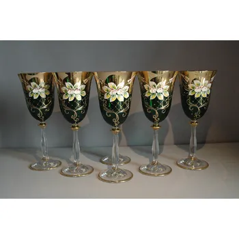 Sklenice Sklenice na víno, 6 ks, zlacené a smaltovaná, v zelené barvě