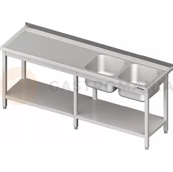 Kuchyňská linka Stůl nerezový s dřezem dvoukomorovým na pravé straně s policí 2000x700x850 mm | STALGAST, 980837200