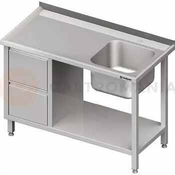 Kuchyňská linka Stůl nerezový s dřezem jednokomorovým na pravé straně s blokem se dvěma zásuvkami a policí 1100x700x850 mm | STALGAST, 980997110