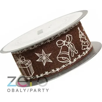 Stuha Stuha tkaná 4 cm x 5 m - hnědá s bílým tiskem (Vánoce)