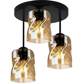 Light for home - Moderní lustr na tyči se třemi skleněnými stínidly v jantarové barvě "NIKI", 3x60W, E27, Černá