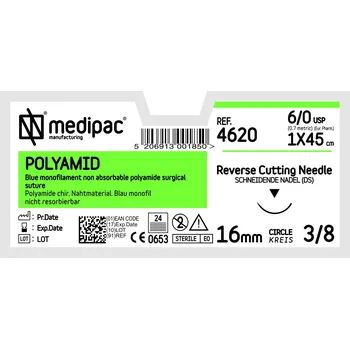 Chirurgická jehla MEDIPAC Polyamid - USP 6/0, EP 0.7, jehla řezná 3/8 - 45cm, řezná, 12 mm