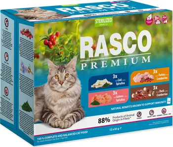 Krmivo pro kočku Rasco Premium Cat Pouch Sterilized Adult kapsičky mix příchutí 12x 85 g