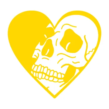 Samolepicí dekorace na vozidlo Lebka 062 levá v srdíčku (13 - jasně žlutá) SAMOLEPKA NA AUTO, NÁLEPKA, FÓLIE, POLEP, TUNING, VLASTNÍ TEXT, TISK, AUTOSAMOLEPKY.cz, POLEPY, OBRÁZEK, LOGO, 3D STICKERS