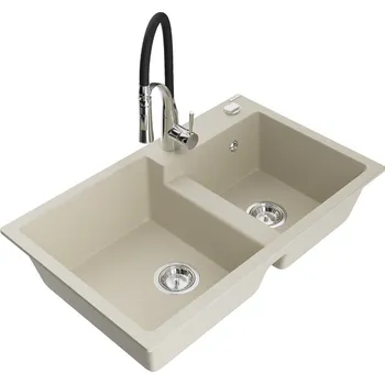 Granitový dřez MEXEN/S - Tomas granitový dřez 2-bowl včetně baterie Aster, béžová 6516-69-73450-07