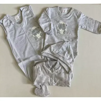 Kojenecká souprava 4-dílná soupravička do porodnice šedý hrošík proužek