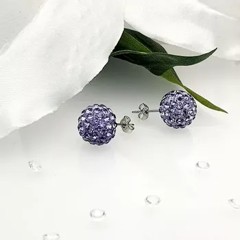 Náušnice Dámské ocelové náušnice kulička s kamínky - fialová