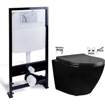PRIM předstěnový instalační systém bez tlačítka + WC REA CARLO MINI RIMFLESS ČERNÁ + SEDÁTKO PRIM_20/0026 X CL1
